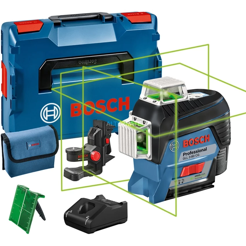Bosch Akku-Linienlaser GLL 3-80 CG Professional, Kreuzlinienlaser (blau/schwarz, Li-Ion Akku 2Ah, L-BOXX, Grüne Laserlinien)