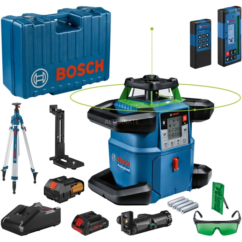 Laser Messgeräte Bosch Akku-Rotationslaser GRL 650 CVHG Professional, 18Volt, Mit Baustativ (blau, Akku ProCORE18V 4,0Ah, Koffer, Grüne Laserlinie)