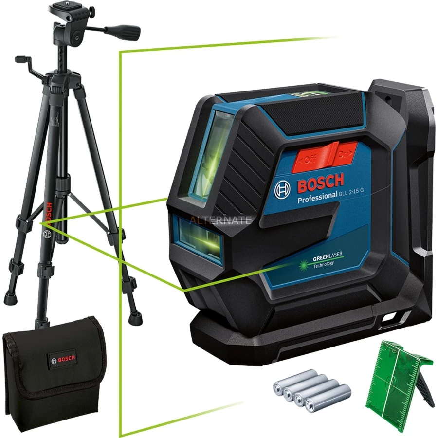 Bosch Linienlaser GLL 2-15 G Professional, Mit Baustativ, Kreuzlinienlaser (blau/schwarz, Halterung, Grüne Laserlinien)
