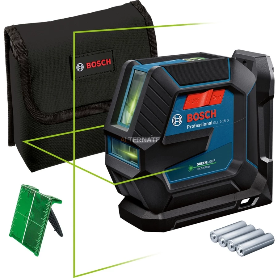 Bosch Linienlaser GLL 2-15 G Professional, Mit Baustativ, Kreuzlinienlaser (blau/schwarz, Halterung, Grüne Laserlinien) – Bild 2