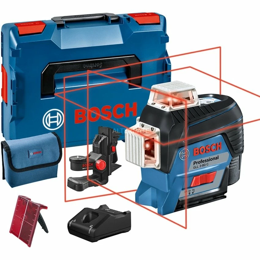 Bosch Linienlaser GLL 3-80 C Professional, L-BOXX, Kreuzlinienlaser (blau/schwarz, Mit Roten Laserlinien, Li-Ionen Akku 2,0Ah)