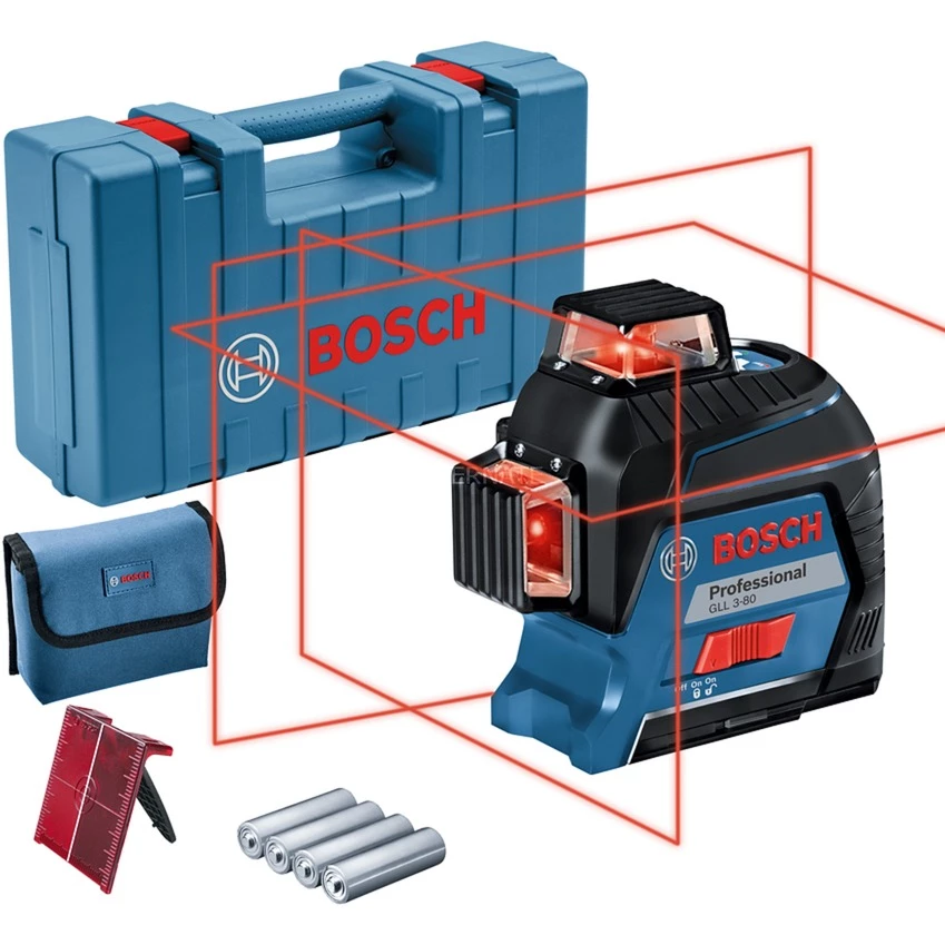 Bosch Linienlaser GLL 3-80 Professional, Kreuzlinienlaser (blau/schwarz, Koffer, Rote Laserlinien)