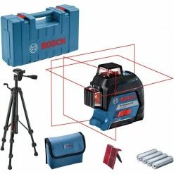 Bosch Linienlaser GLL 3-80 Professional + Baustativ BT 150, Kreuzlinienlaser (blau/schwarz, Koffer, Rote Laserlinien)
